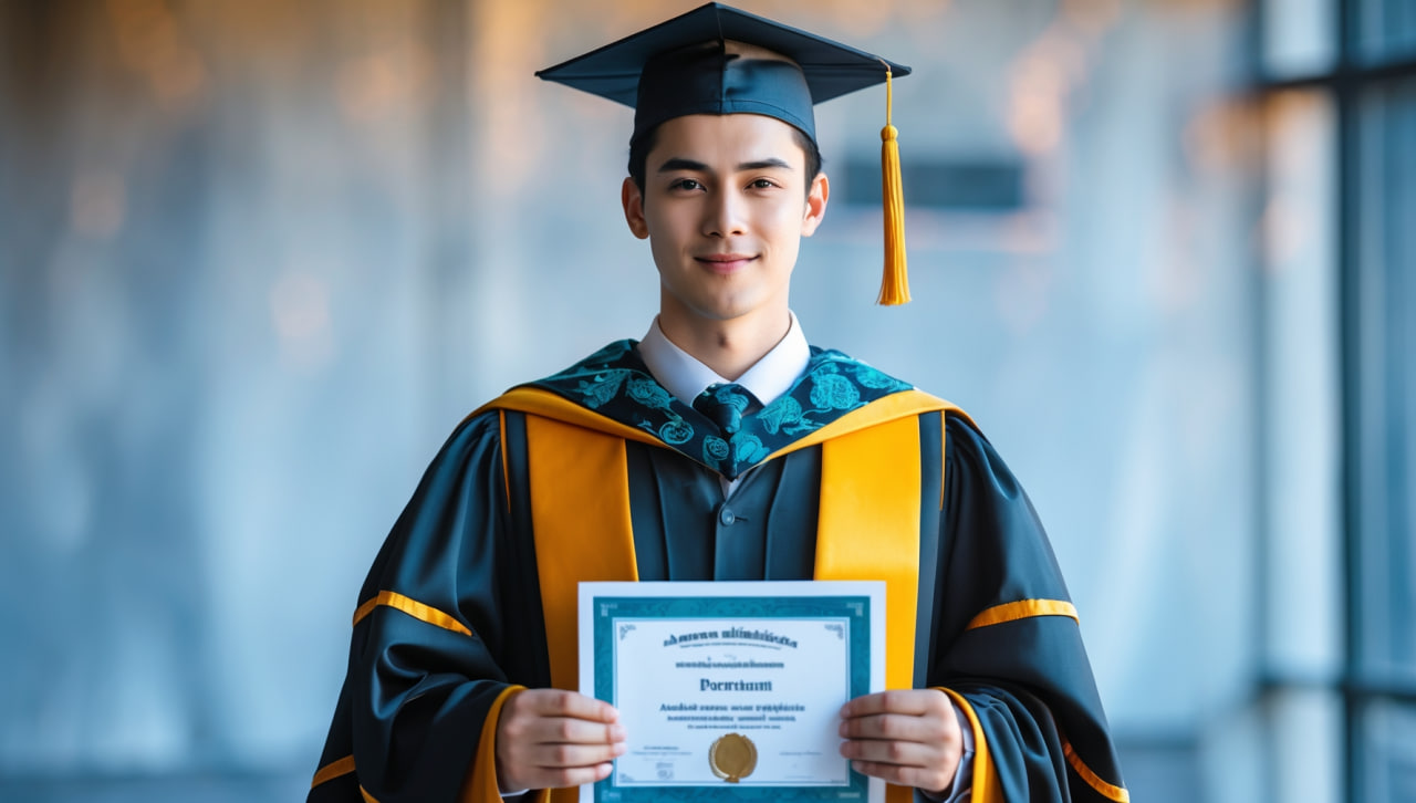 Молодой выпускник в академической мантии и шапочке держит сертификат, символизируя успешное начало карьеры в кибербезопасности после обучения.